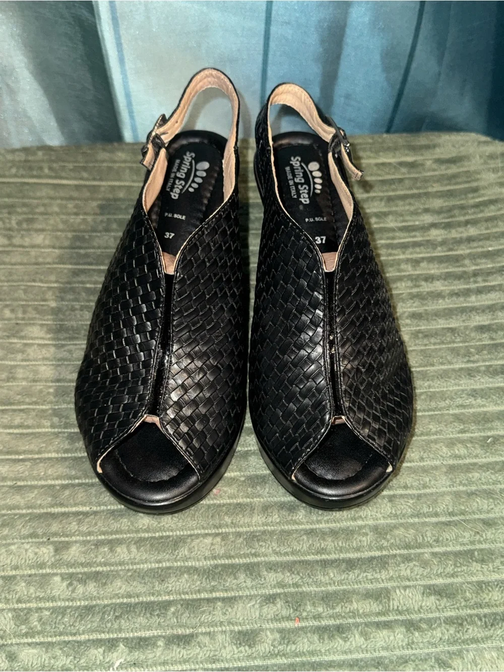 Spring Step Black Woven Slingback Heeled Sandals